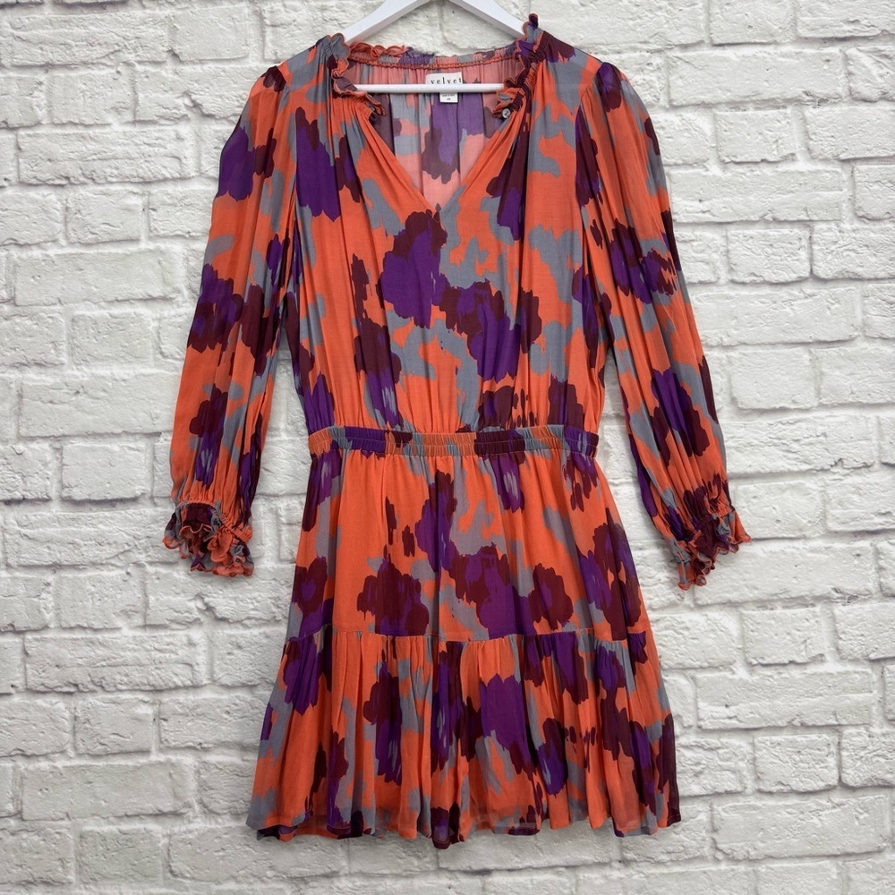 Velvet by Graham & Spencer Regina Printed Boho Dress Coral Orange Purple XS - Picture 2 of 16
